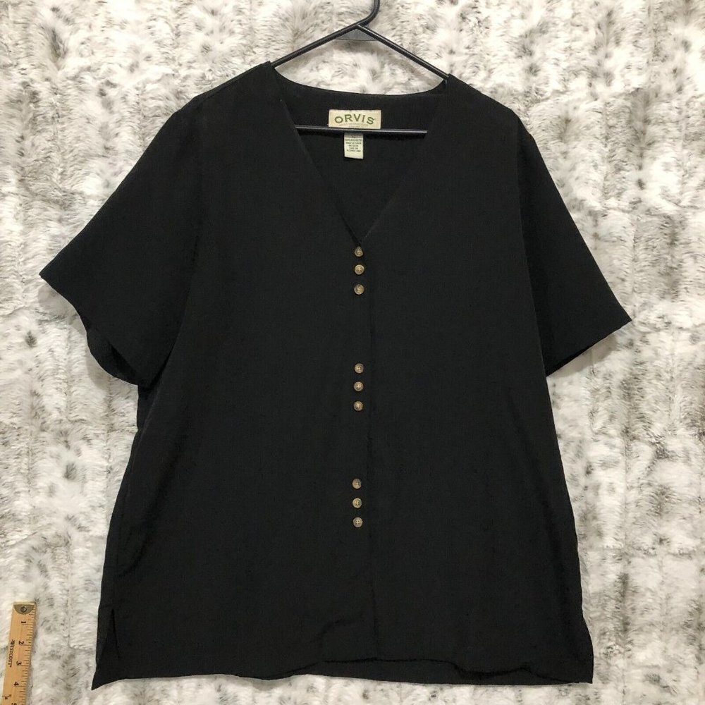 Orvis Blouse Women's Size XL Black Button-Up Short Sleeve Shirt